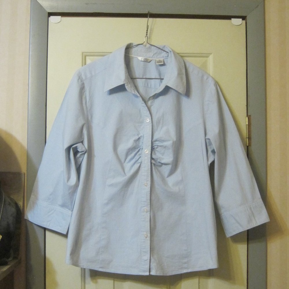 Ladies Riders Button Down Blouse Size XL Light Blue Tiny Gingham Print